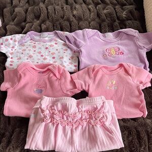 Misc Baby Onesies and pant Set - Pink and Purple - all items are size 3-6 months